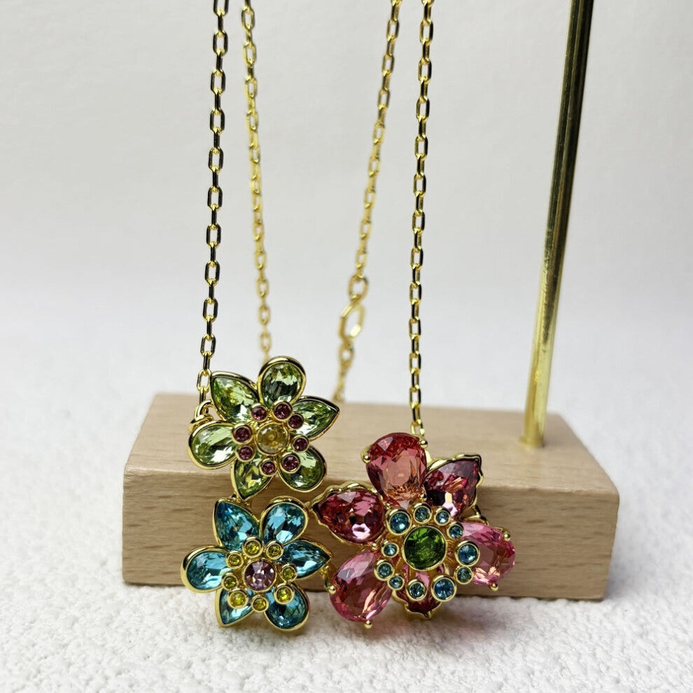 (WHITE) S Original Charms New Fine Jewelry Set Three Flowers Earrings Pink Necklace Bracelet Rings for Women Romantic Accessories