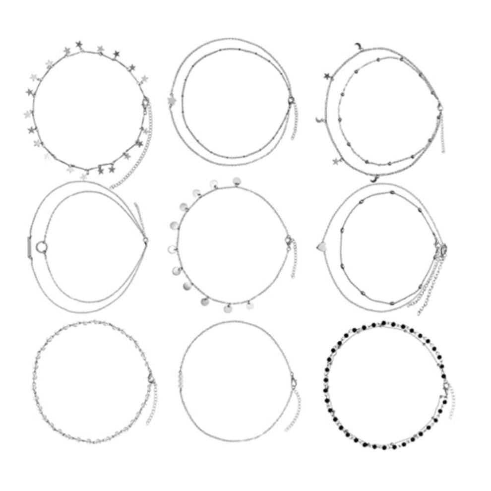 (Type 1) 9 Pieces Choker Necklace for Women Double Layer Pendant Beach