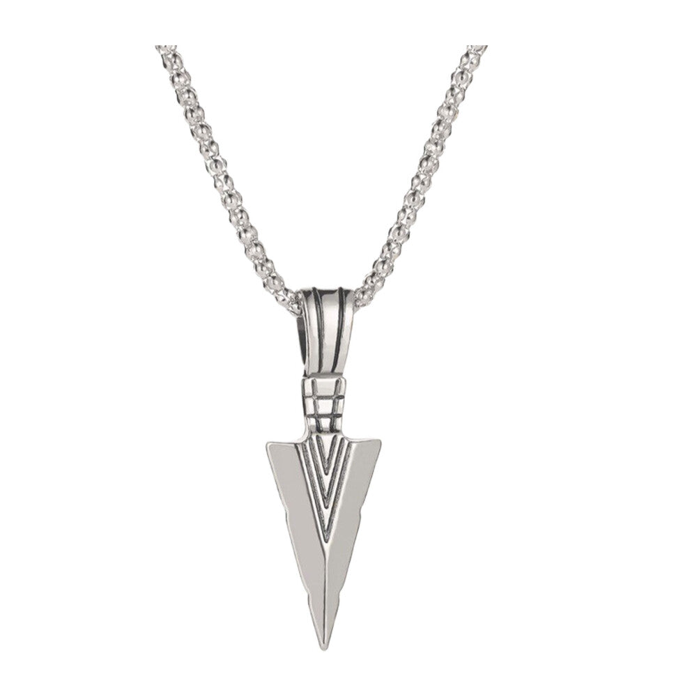 (Silver) Mens Necklace With Triangular Spearhead Pendant Sturdy And Polished