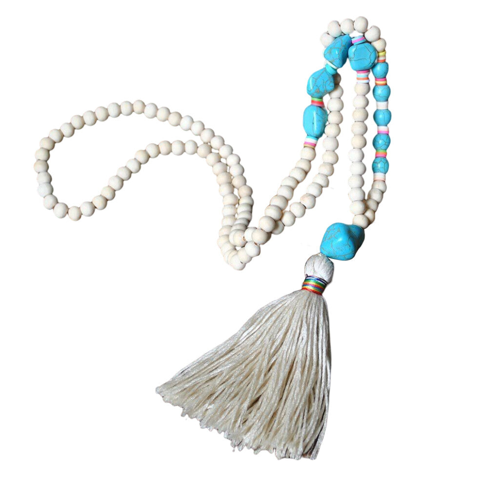 (Beige) Necklace Tassel Bead Sweater Pendant Bohemian Jewelry Clothing