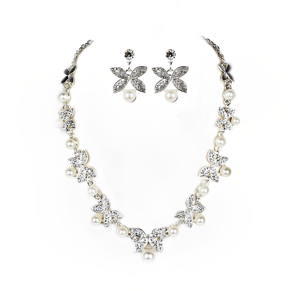 (Silver) 2Pcs-Set Women Necklace Earrings Festival Wedding Jewelries Ladies