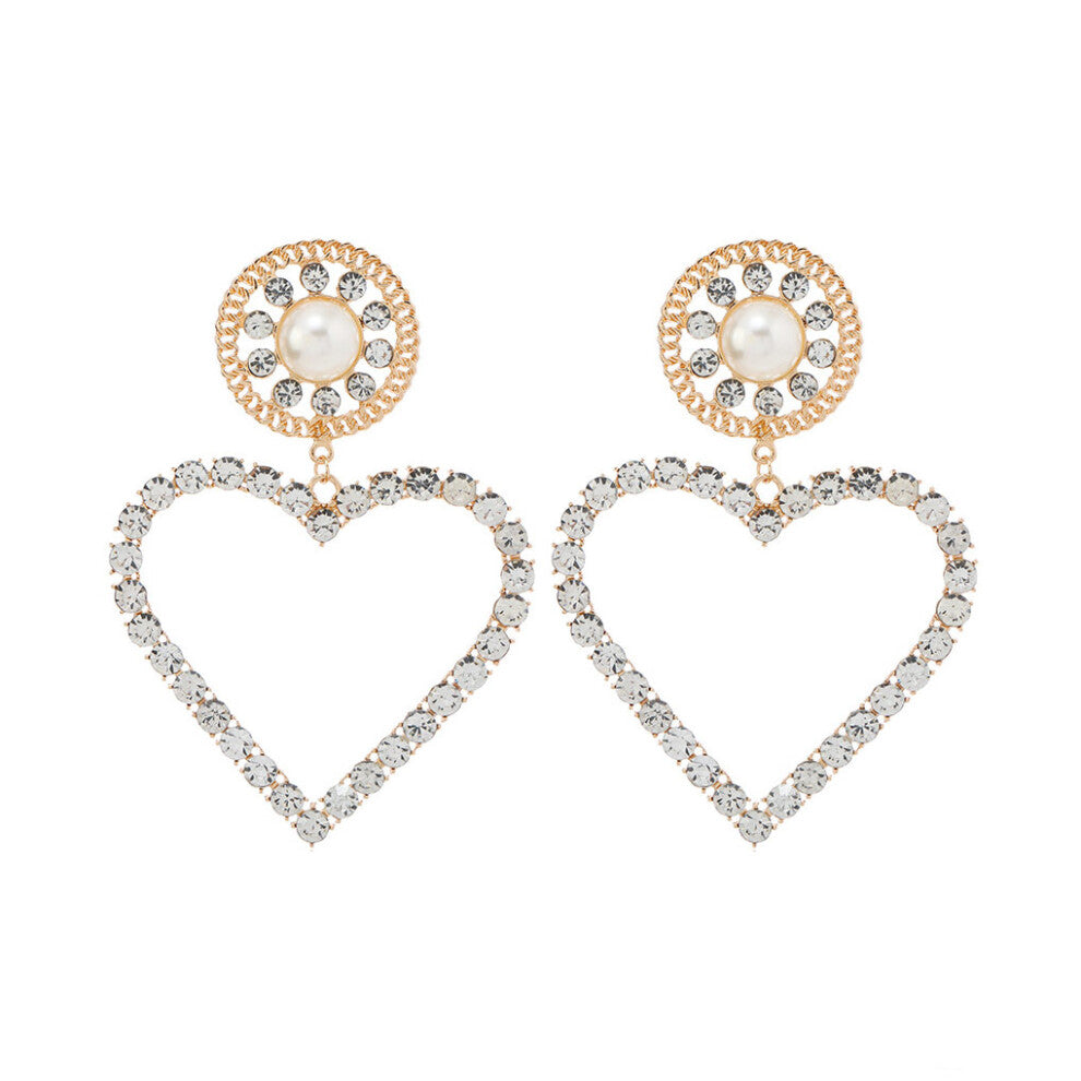 (Gold) 2Pcs Heart Stud Rhinestone Hollow Drop Earrings Jewelry Pendant Party