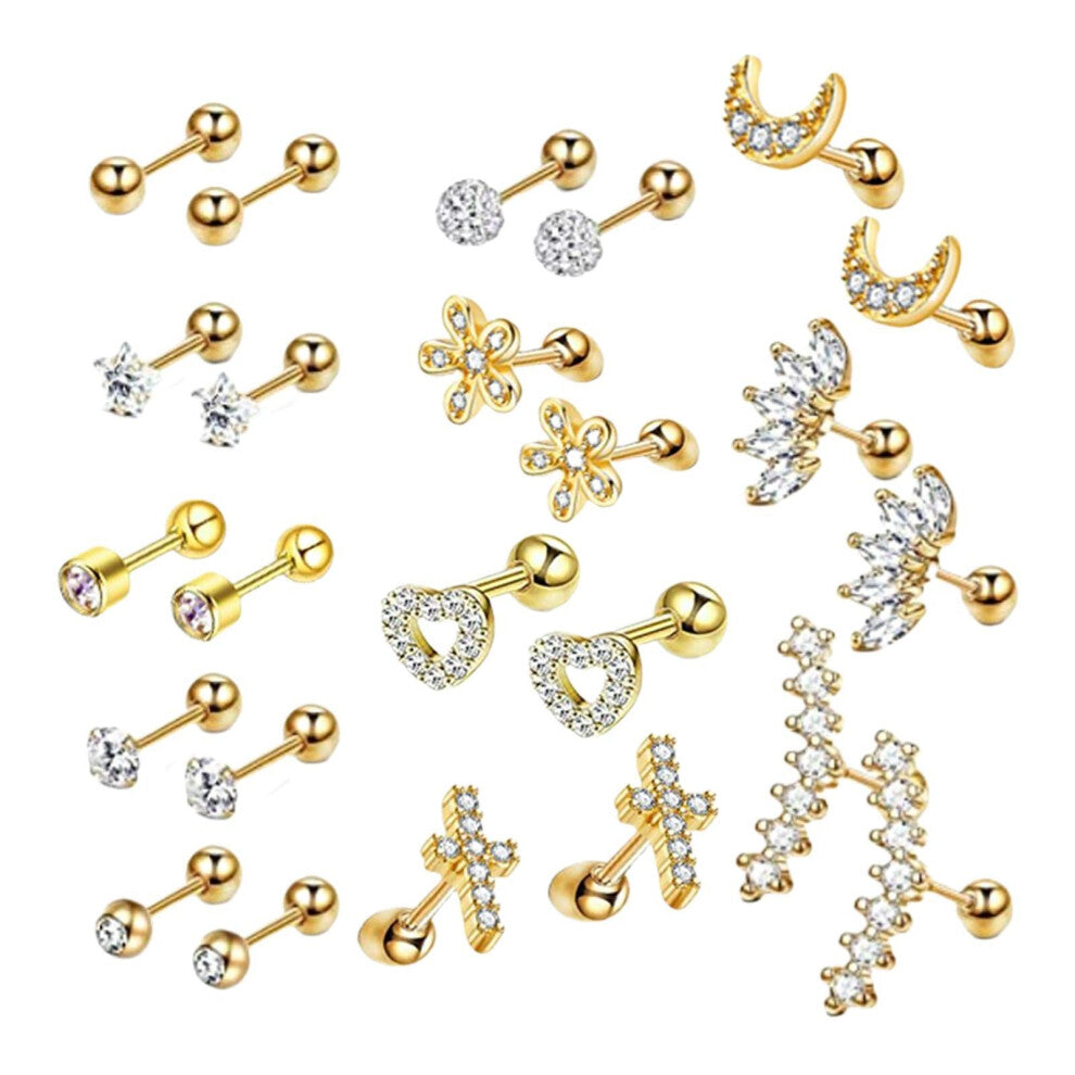 (Gold) Elegant 24Pcs Earrings Set Classy Barbell Gifts for Men and Women