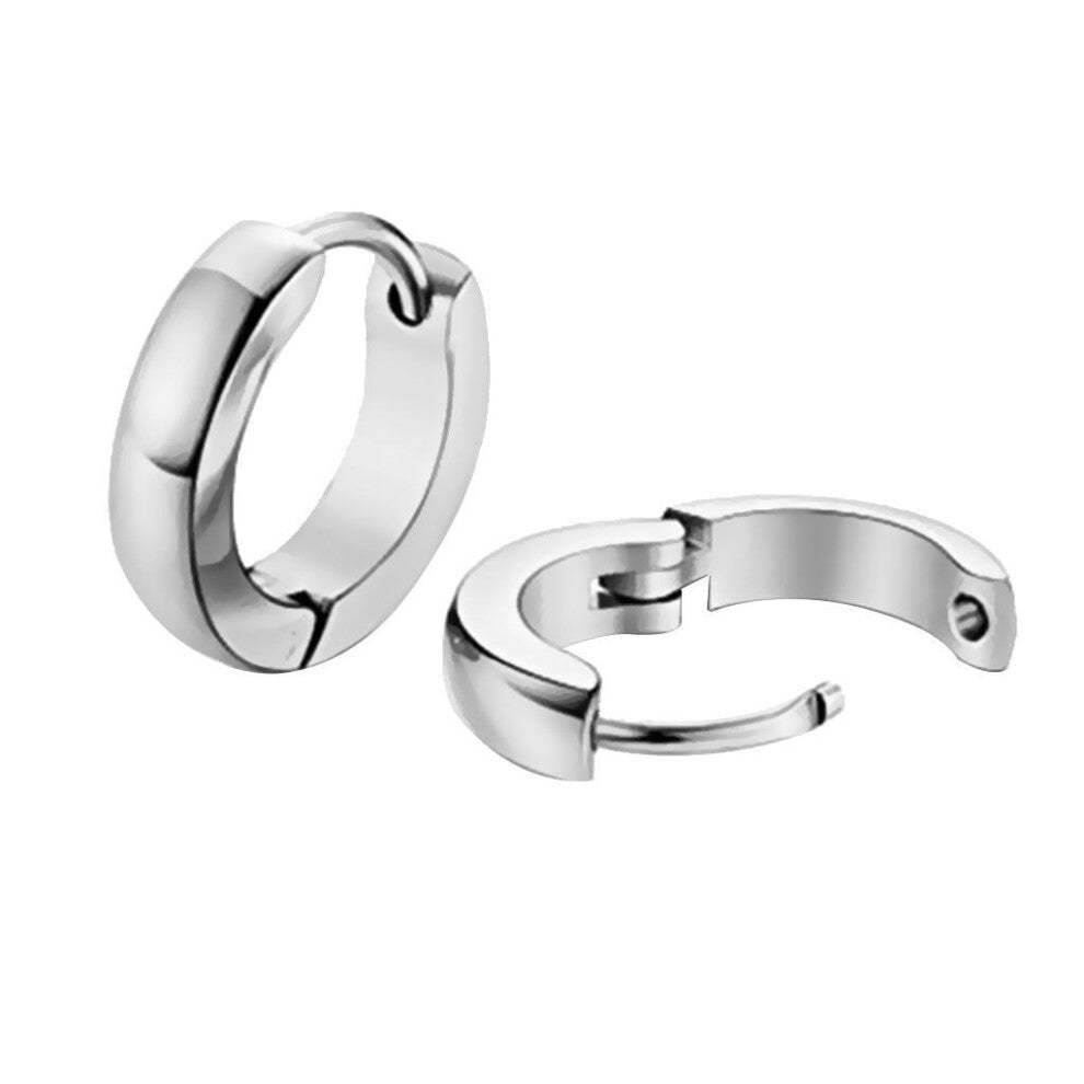 (Silver, 12mm) Trendy 316L Stainless Steel Men Women Hoop Earrings Huggie Ear Clip