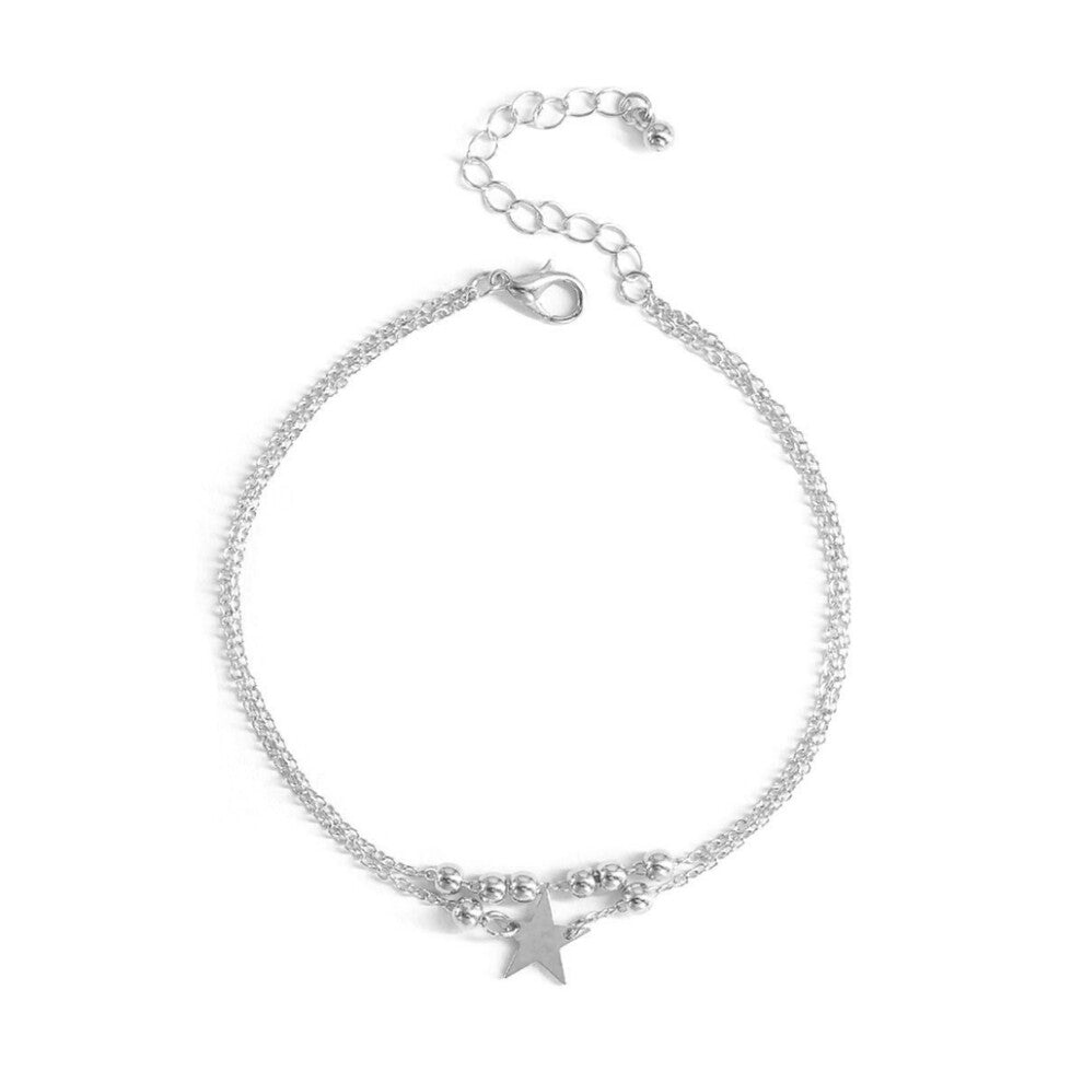 (silver) Anklet Layered Beaded Star Beach Accessories Ankle Bracelets for Girls