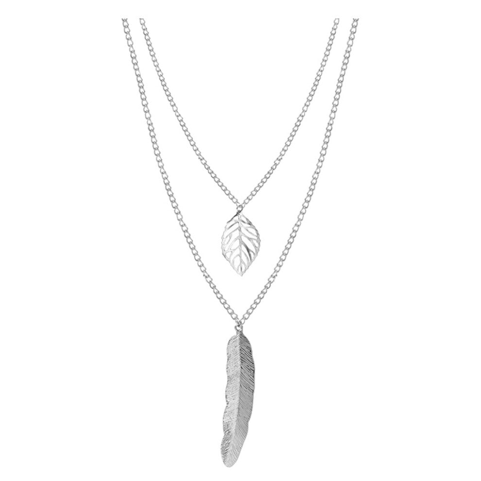 (Silver) Chain Necklace Leaves Multi-layer Choker Necklaces Daily Wear