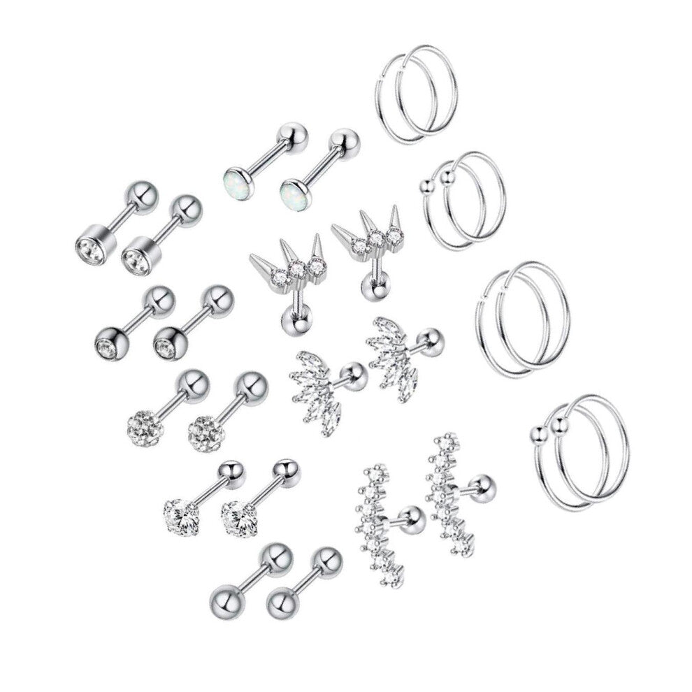 (26 pcs Silver tone) Versatile 13 Pairs of 16G Earrings Suitable for Both Women and Men