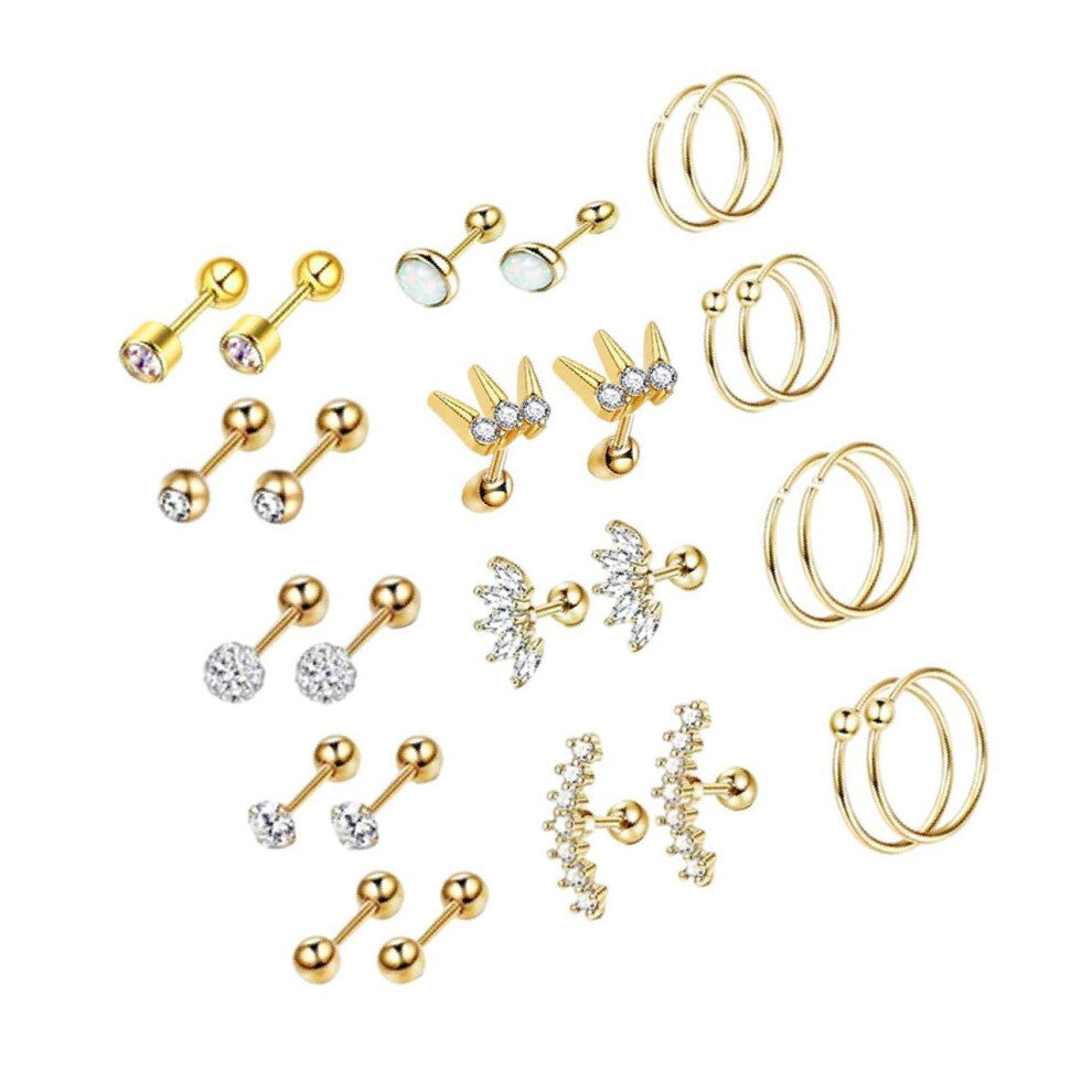 (Gold tone) Versatile 13 Pairs of 16G Earrings Suitable for Both Women and Men