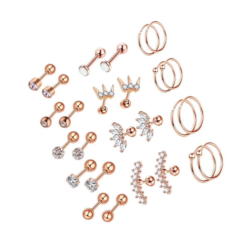 (Rose Goldtone) Versatile 13 Pairs of 16G Earrings Suitable for Both Women and Men