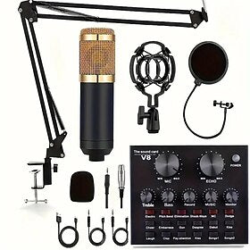 Podcast Equipment Bundle BM-800 Podcast Microphone Bundle With V8 Sound Card Condenser Studio Microphonefor Laptop Computer Vlog Living Broadcast Live Streamin