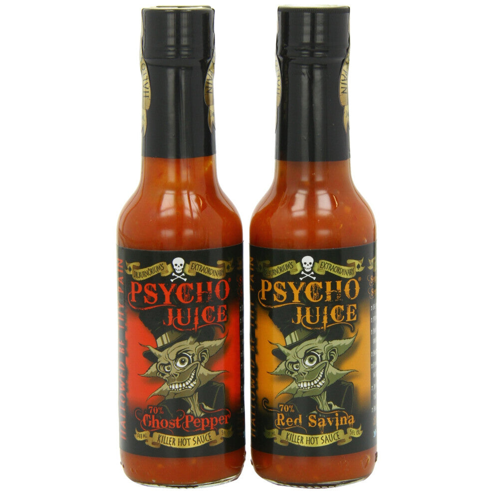 Psycho Juice 70% Red Savina and 70% Ghost Pepper 2 x Mega Hot Sauces