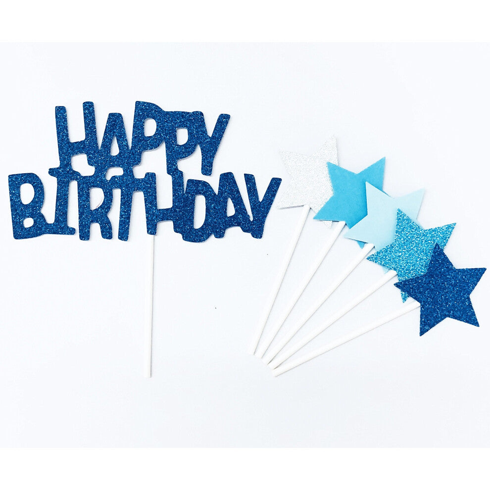 Handmade 6 Counts Glitter Cake Decorating Toppers for Cake Cupcake and Icecream - Happy Birthday Blue Set