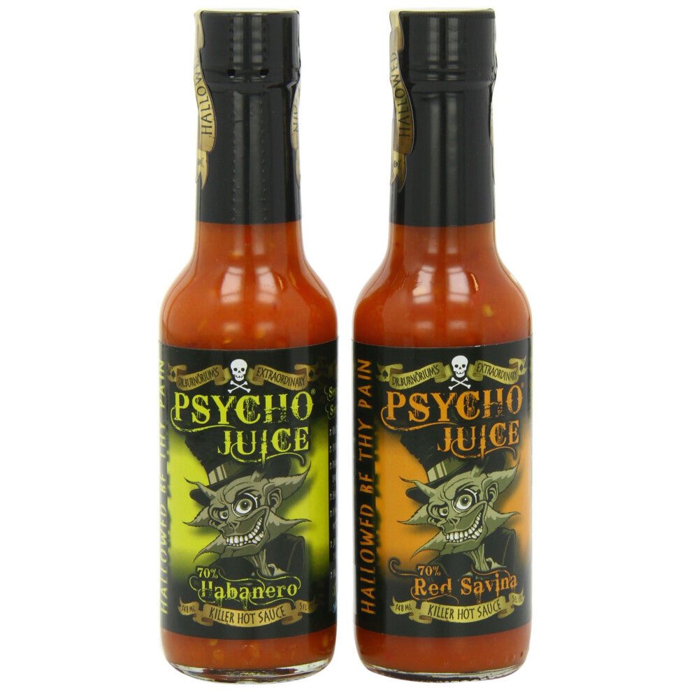 Psycho Juice 70% Habanero & 70% Red Savina Sauce Set of 2 Hot Sauces