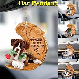 Cute Angel Wing Dog Forever In My Heart Hanging Ornament Cartoon Cute Pendant Car Bag Keychain Pendant Car Ornaments For Rear View Mirror Interior Car Decorati