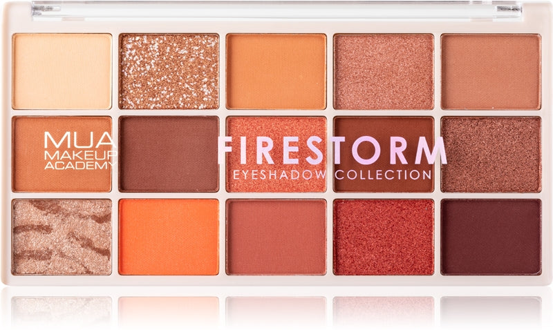MUA Makeup Academy Professionelle Lidschattenpalette mit 15 Farbtönen, Farbe Firestorm, 12 g