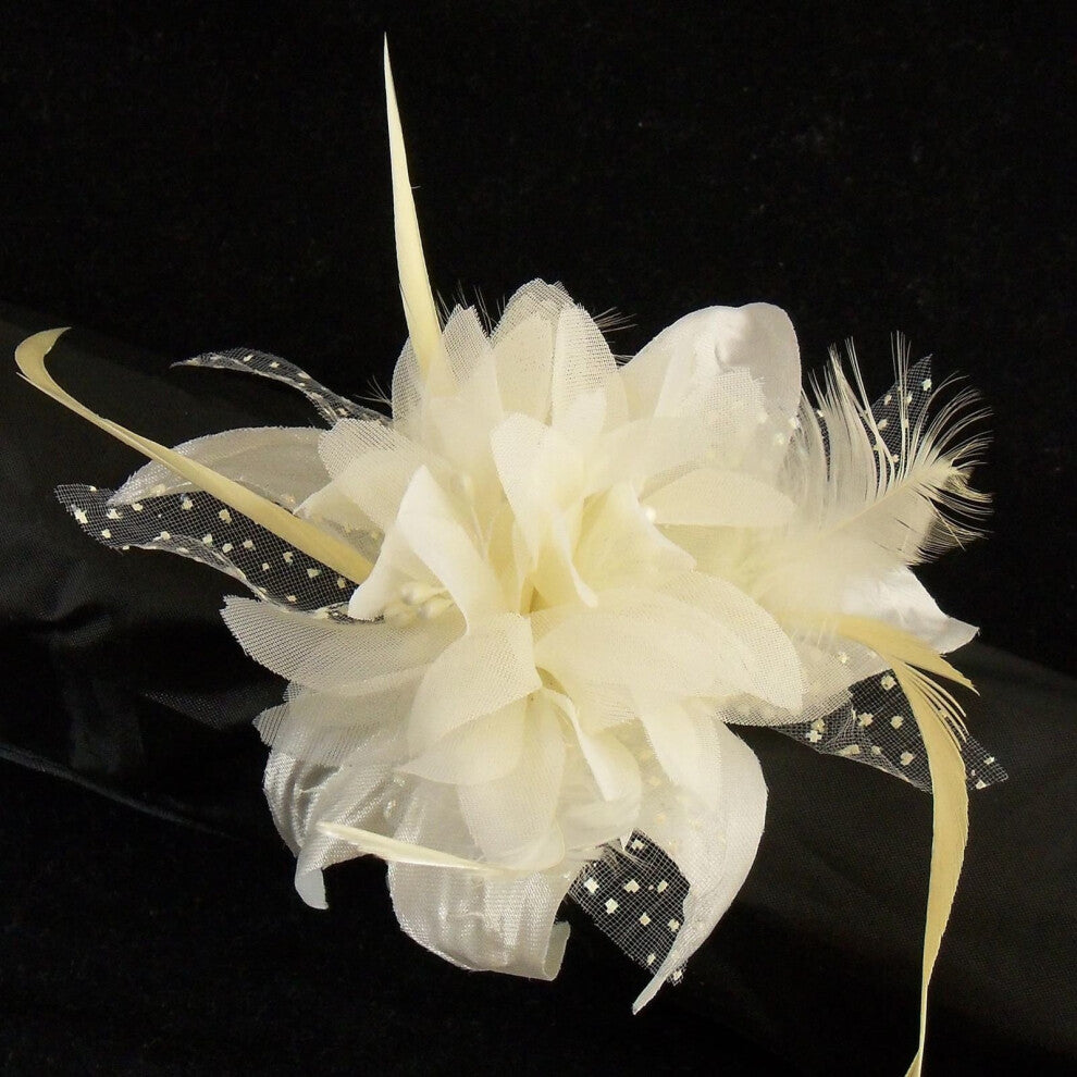 Wedding - Prom Wrist Flower & Feather Corsage on Pearl Bracelet - Cream - Ivory