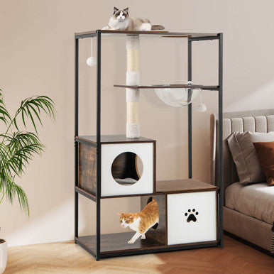 52" Tall Wooden Cat Tree with 2 Large Platforms and Scratching Posts