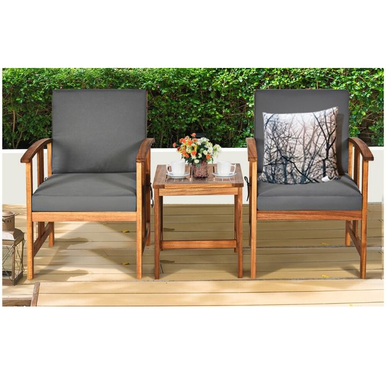 Wooden 3-Piece Patio Furniture Set with Grey Cushions