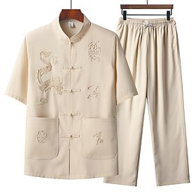 Homens Ternos-Camiseta Conjuntos de camisa e calça Roupas de 2 peças Dragão Colarinho Clerical Roupa Diária Férias Manga Curta Bordado 2 Peças Roupa Moda Estil