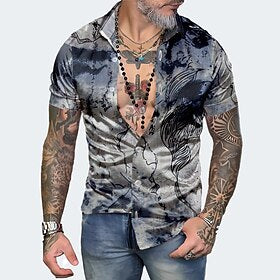 Business casual Homens Camisa Social Feriado Verão Primavera Aberto para a Lateral Manga Curta Cinzento S, M, L Cetim Seda artificial Camisa