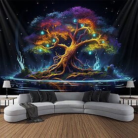 Bonsai Blacklight Tapestry UV Reactive Glow in the Dark Trippy Psychedelic Misty Nature Landscape Hanging Tapestry Wall Art Mural for Living Room Bedroom