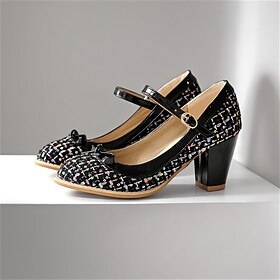 Mulheres Saltos Retro Mary Janes Trabalho Diário Bloco de cor Laço Salto Robusto Ponta Redonda Elegante Vintage Tricô Couro Ecológico Tecido Fivela Preto