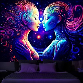 Blacklight Tapestry UV Reactive Glow in the Dark Duel Woman Trippy Misty Nature Landscape Hanging Tapestry Wall Art Mural for Living Room Bedroom