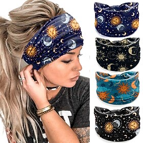 Ciel étoilé et lune imprimé motif personnalisé large bord bandeau cheveux yoga exercice fitness bandeau chapeaux bandeau