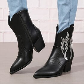 Botas femininas botas de cowgirl botas de cano médio botas ocidentais de lantejoulas com corte em v zíper lateral salto grosso bico fino couro sintético preto