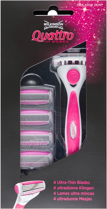 Wilkinson Sword Maquinilla de afeitar Quattro para mujer con aloe y vitamina E + 4 hojas de repuesto