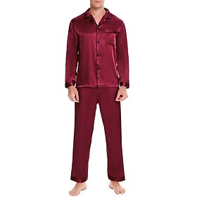 Men's Loungewear Satin  Silk Sleepwear Pajama Set 2 Pieces Pure Color Fashion Comfort Soft Home Bed Faux Silk Comfort Breathable V Wire Long Sleeve Pant Basic