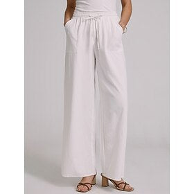 Femme Ample Pantalon en lin Coton Lin Poches latérales Pantalon de Yoga Fluide Bouffant Toute la longueur Blanche Eté