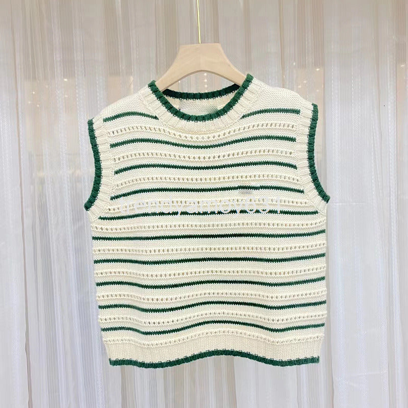 Women&#039;s Tanks & Camis summer and autumn g French striped Plaid contrast color leisure hollow out round neck sleeveless knitted bottomed vest fo
