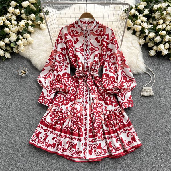 Palace Retro Dress Spring and Autumn New Stand-up Collar Print Lantern Sleeve Waist Tie Single-breasted Shirt Skirt