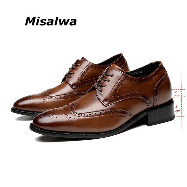 Misalwa Genuine Leather Brogue Men Elevator Shoes Flat - 5 CM Height Increase Lift Men Formal Dress Shoes Business Office 220321