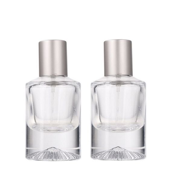 Matte Silver Lid Perfume Spray Bottle Cosmetic Refillable Container 30ml Empty Thick Bottom Round Clear Glass Press Crimp Vials