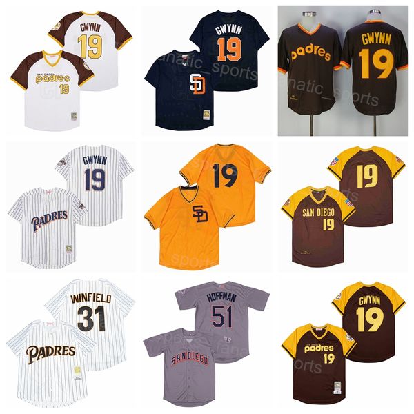 Vintage 19 Tony Gwynn Retro Baseball Jersey 31 Dave Winfield 51 Trevor Hoffman All Stitched Cool Base Pullover Pinstripe Retire White Brown