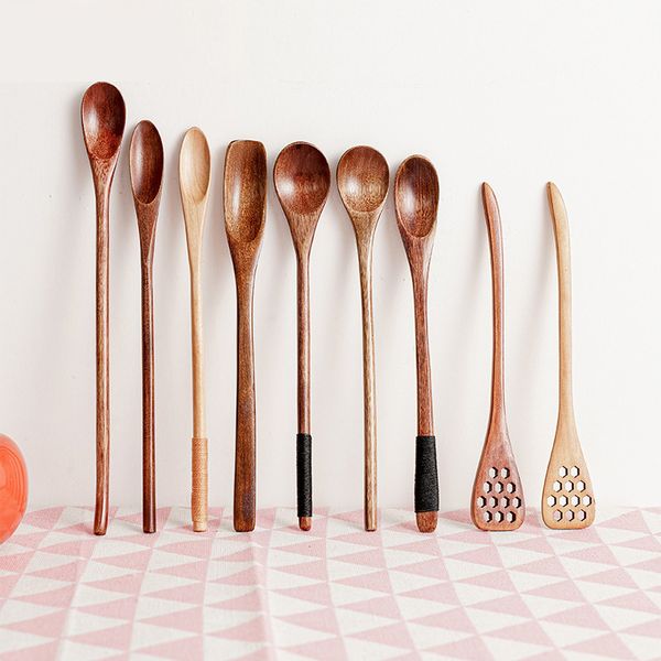 Wooden Long Handle Spoon Coffee Tea Stirring Spoons Dessert Honey Soup Cutlery Japanese Style Kitchen Tools Tableware Dinnerware 220509