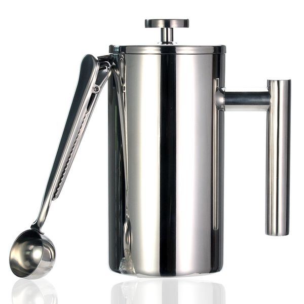 French Press Coffee Maker - Double Wall 304 Stainless Steel Keeps Brewed or Tea 3 size with sealing clip-Spoon 220509