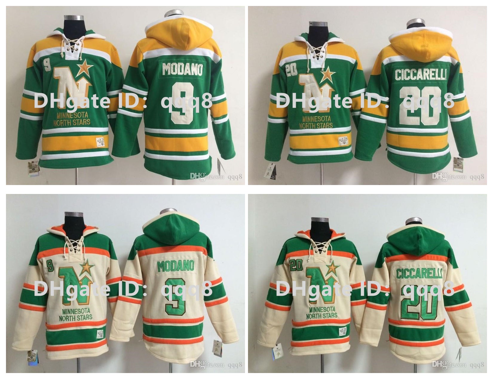 Top Quality ! North Stars Old Time Hoodie Hockey Jerseys 20 Dino Ciccarelli 9 Mike Modano Green White Pullover Sweatshirts Winter Jacket