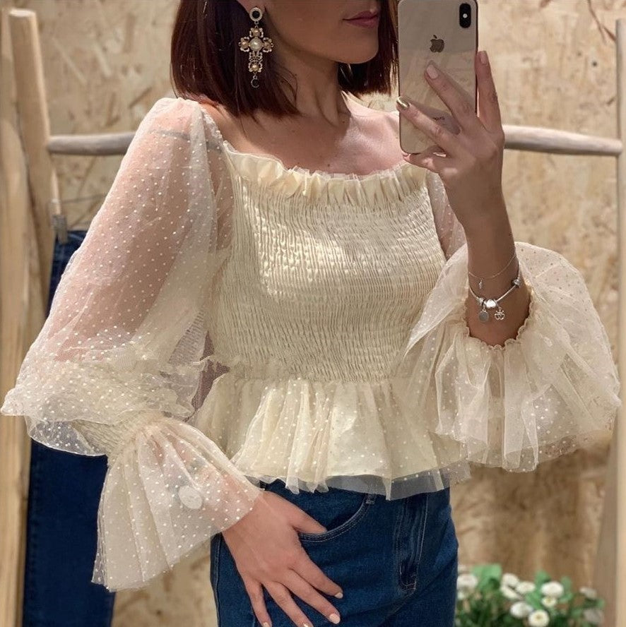 Women Mesh Sheer Blouses Chiffon See-through Long Sleeve Top Shirts Fashion Organza Transparent Lace Shirt Female Blusas