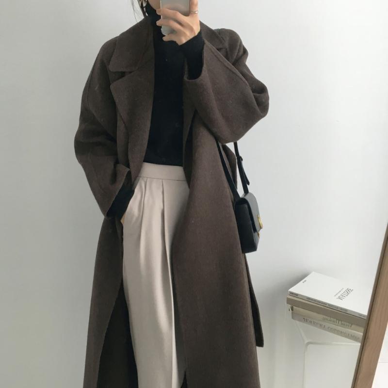 Women&#039;s Wool & Blends Women Elegant Long Coat With Belt Solid Color Sleeve Chic Outerwear Ladies Overcoat Autumn Winter