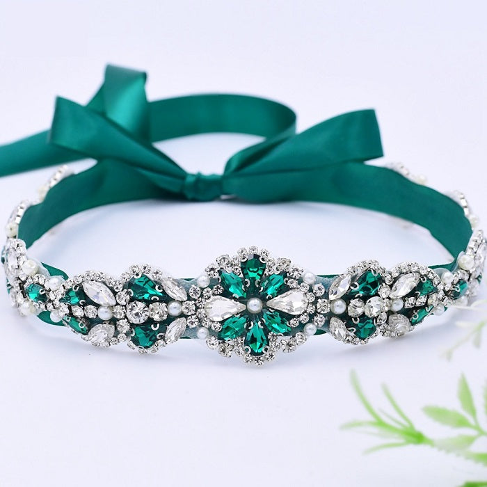 Wedding Favors Luxury Dark Green Diamond Bridal Belt Emerald Rhinestone Decal Wedding Dresses Accessories Women Bridesmaid Evening Girdles