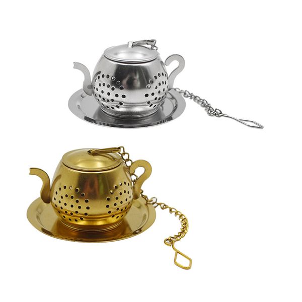 Tea Strainer Tools Teapot Shape Loose Tea Infuser Stainless Steel Herbal Spice Filter with Chain Drip Tray XBJK2203