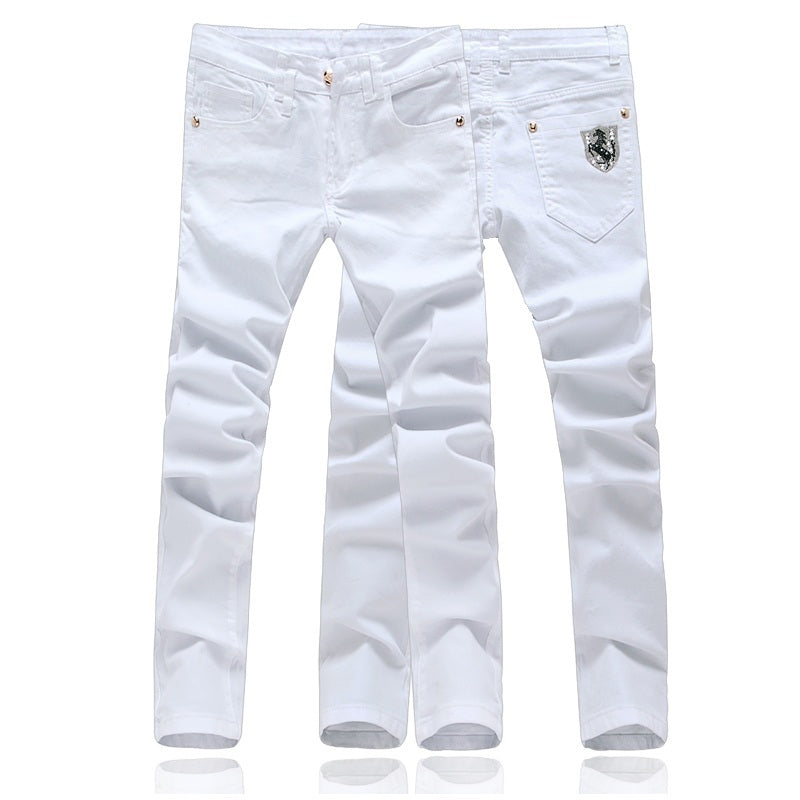 2022 new trendy stretch soft jeans slim fit embroidery print zipper stitching youth casual washed trousers