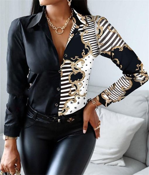 Womens Shirts Pattern Print Blouses Polo Blouses Shirts Spring Autumn Women Scarf Print Patchwork Shirt Femme Casual Button Up Turn-Down Col