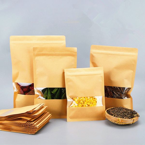 100pcs Flat Bottom Kraft Paper Clear Window Zip Lock Packaging Bag Resealable Biscuits Coffee Powder Snack Candy Cereals Heat Sealing Gift S