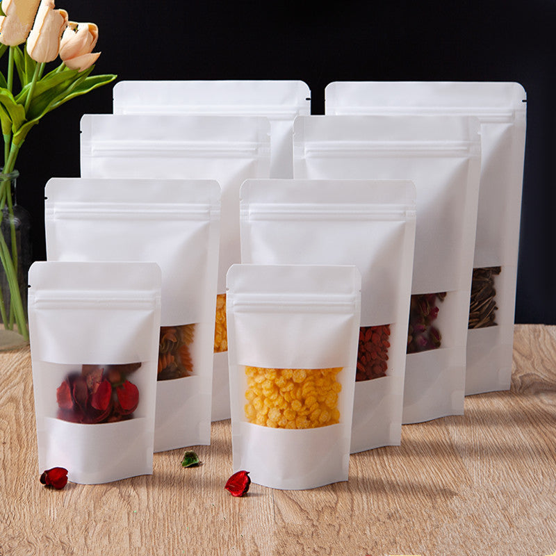 100pcs Thick Stand up White Paper Window Zip Lock Bags Resealable Biscuits Coffee Powder Snack Candy Dried Fruits Nuts Tea Cereals Gifts Storage Pou