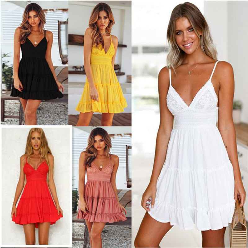 Womens Casual Dresses Sundress V-Neck Spaghetti Strap Bowknot Backless Sleeveless Lace Mini Swing Skater Dress