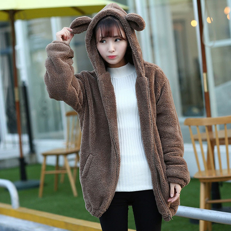 Zipper Hoodies Fluffy Bear Ear Kawaii Hoodie Winter Clothes Hooded Jacket Warm Outerwear Coat Oversize Sweatshirts Black